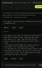 A computer screen displays a Reddit post from the "OBS Compute" subreddit by user "datoshi_2nd," dated approximately 5 months ago, discussing the expansion of Agent OBS with wallet addresses visible (0x5a66a39f00e133e04e829586eafB8876eB9C5ga9 and 0x5a3B552b....f0C2), showing 24 comments, 98% upvotes, and a "Testnet 1 Agent" header.
