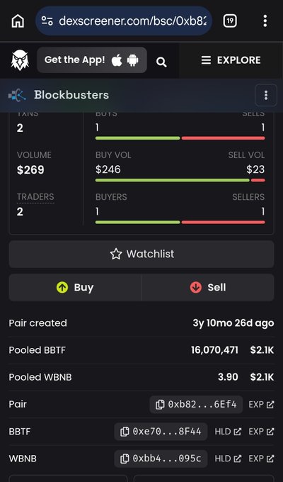 A Dexscreener page showing a token called 'Blockbusters' with minimal trading activity ($269 volume) and pair details for BBTF/WBNB.