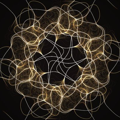 An abstract digital artwork featuring an intricate, swirling pattern of golden and white curved lines that intersect to form a symmetrical, circular mandala-like design against a black background.