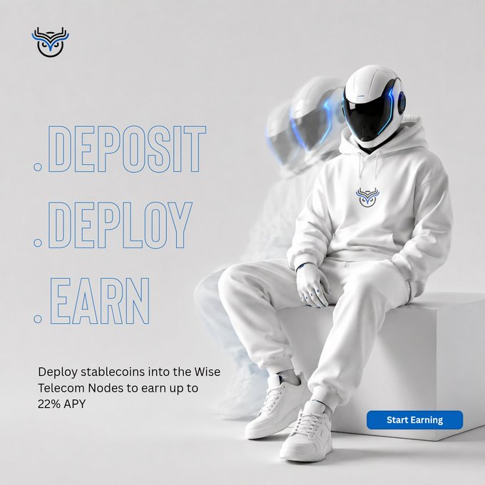 A promotional graphic for Wise Telecom Nodes showing a person in a white hoodie and futuristic helmet, advertising 'DEPOSIT, DEPLOY, EARN' with up to 22% APY on stablecoins.
