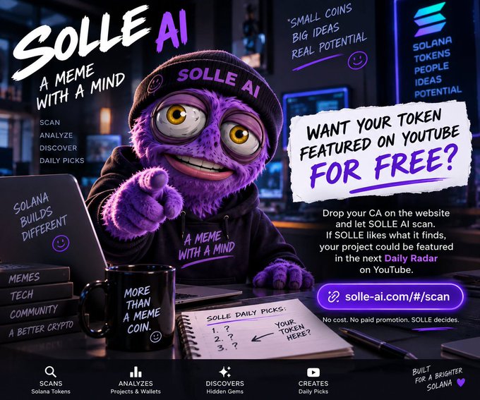 An advertisement for 'SOLLE AI' featuring a purple furry mascot wearing a 'SOLLE AI' beanie at a desk with a laptop and coffee mug, promoting free YouTube token features at solle-ai.com/#/scan and listing services like scans, analyzes, discoveries, and daily picks.