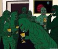 A low-resolution, dark green-tinted animation still showing stylized soldiers in military gear, possibly from a documentary or historical video.