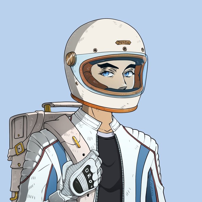 An anime-style digital illustration of a blue-eyed character wearing a white retro racing/spacesuit helmet labeled "TVRDY", a white jacket, and holding a can marked "LOKO".