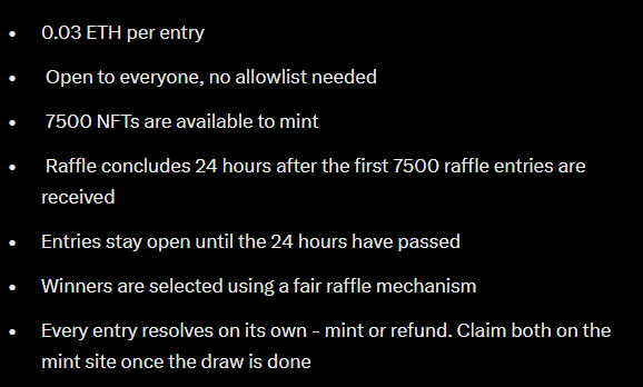 A bulleted list with a black background detailing NFT raffle rules: '0.03 ETH per entry', 'Open to everyone, no allowlist needed', '7500 NFTs are available to mint', with a 24-hour raffle period and fair winner selection.
