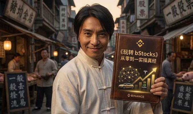 AI-generated image of a smiling Asian man in a white traditional Chinese shirt holding a brown leather-bound book titled '《玩转 bStocks》 从零到一实操真经' with Binance branding, standing in a bustling Chinese market street.