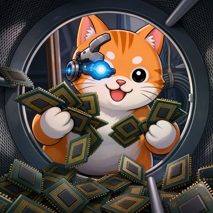 An animated illustration shows a cheerful orange and white cat with a robotic, glowing blue cybernetic eye holding up computer chips inside what appears to be a washing machine drum.