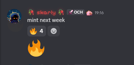 A Discord message from user "skarlx" with a pineapple and tomato emoji reacting "OCH" alongside the text "mint next week," featuring 4 fire emoji reactions and a large fire emoji, teasing the upcoming @YieldFields_RH mint occurring between Oct 5–11 for 888 spots.