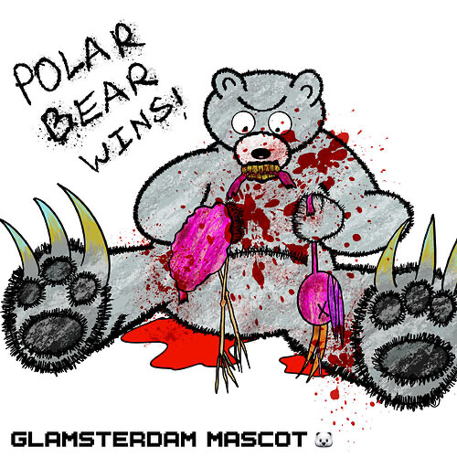 An illustration of a blood-splattered polar bear with the text "POLAR BEAR WINS!" and "GLAMSTERDAM MASCOT" accompanies the announcement that a polar bear has been selected as the mascot for the Glamsterdam upgrade.