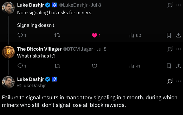 A thread of tweets by Luke Dashjr (@LukeDashjr) discussing the risks of non-signaling for Bitcoin miners, noting that failure to signal results in mandatory signaling and loss of block rewards for non-compliant miners.