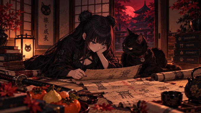 An anime-style illustration of a girl with dark twin buns reading an ancient scroll alongside a black cat in a traditional Japanese room with a red moon visible through the window, featuring text '旅と成長' (Journey and Growth) and menu items 'DISCOVER, CREATE, CONNECT, GROW'.