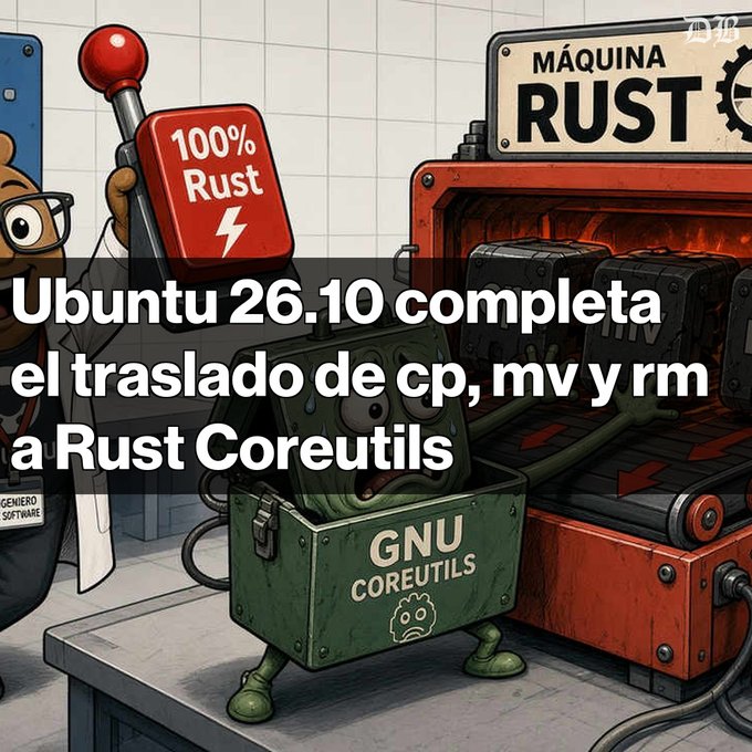 A cartoon illustration showing a machine marked 'MÁQUINA RUST' processing a distressed green box labeled 'GNU COREUTILS' on a conveyor belt, with overlaid text in Spanish: 'Ubuntu 26.10 completa el traslado de cp, mv y rm a Rust Coreutils'.