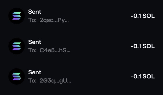 A list of three completed transactions shows small amounts of -0.1 SOL sent to recipients with truncated wallet addresses (2qsc...Py..., C4e5...hS..., and 2G3q...gU...), likely corresponding to the recipients tagged in the giveaway post claiming to have "sent free money."