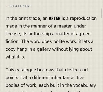 Text excerpt titled "STATEMENT" defining an "AFTER" as a reproduction made in the manner of a master under license, discussing print trade cataloging.