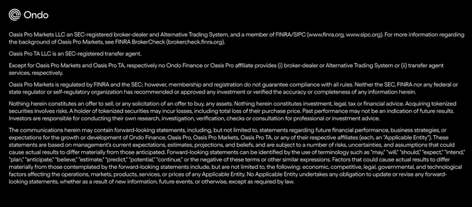 A black screen with the Ondo Finance logo and extensive white text containing disclaimers and regulatory information about Oasis Pro Markets.