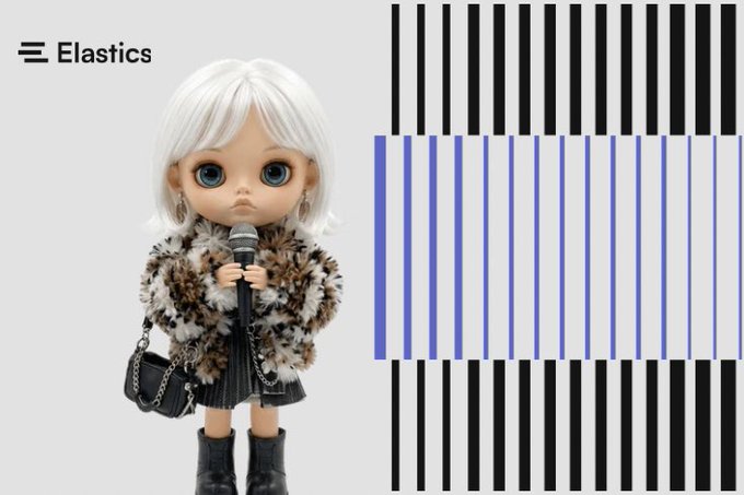 An "Elastics" brand promotional image featuring a doll with white hair and a leopard print jacket holding a microphone, set against a white background with a black and purple barcode design on the right.