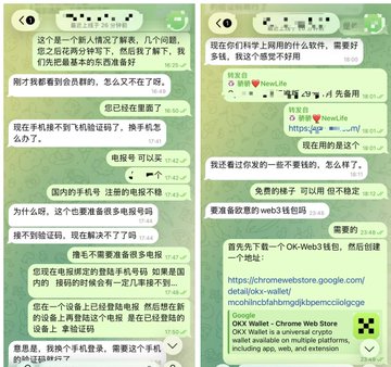A WeChat screenshot showing conversations about creating an OKX wallet and purchasing a .web3 username via the Google Chrome web store. The image illustrates the community member helping newcomers with basic Web3 setup and education.