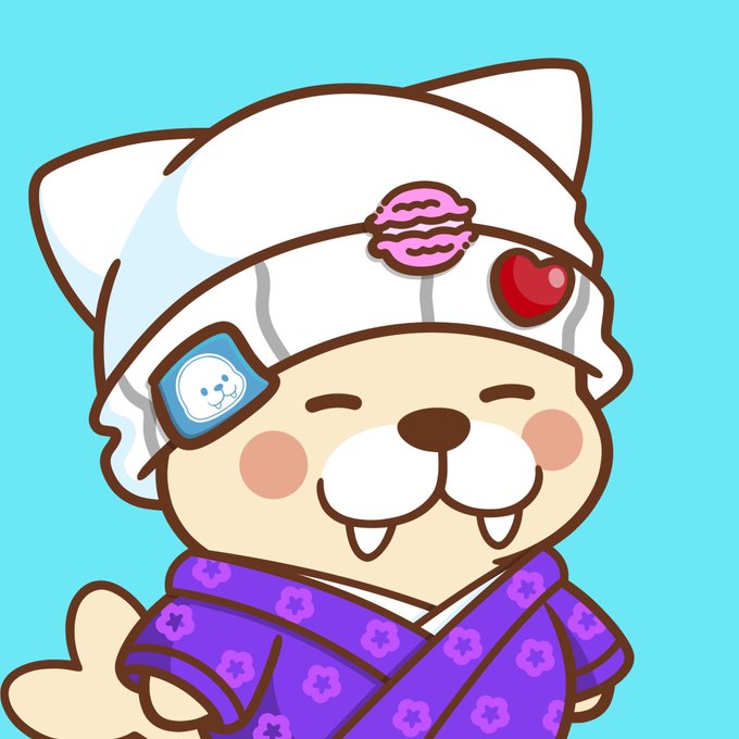 A cute cartoon illustration of a white cat-like character wearing a purple floral kimono and a white head covering decorated with a pink macaron and a red heart, set against a light blue background.