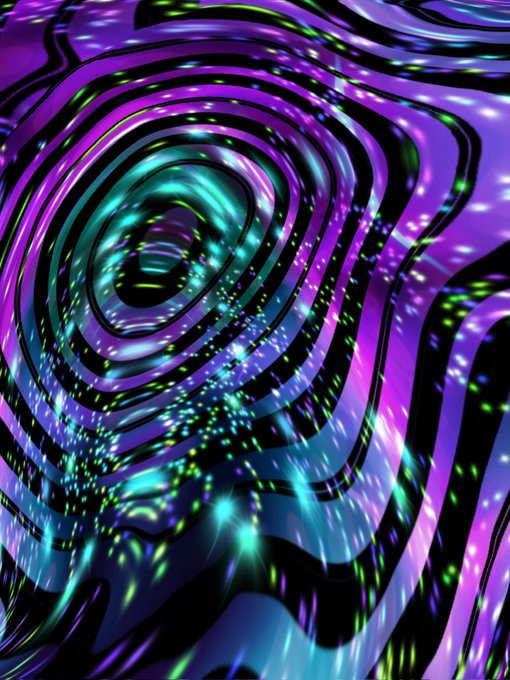 An abstract digital artwork featuring a hypnotic swirling vortex pattern in vibrant purple, teal, and black colors with glowing speckles creating a psychedelic visual effect.