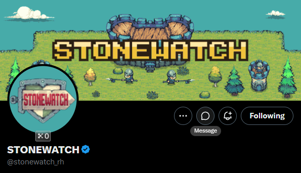 The image shows a Twitter/X profile page for "STONEWATCH" (@stonewatch_rh), featuring a pixel-art header with two spear-wielding warriors beside a stone altar, and a profile picture reading "STONEWATCH" on a stone tablet—matching the post's description of an NFT project with a playable game already live ahead of its 999 NFT free mint on Robinhood Chain.