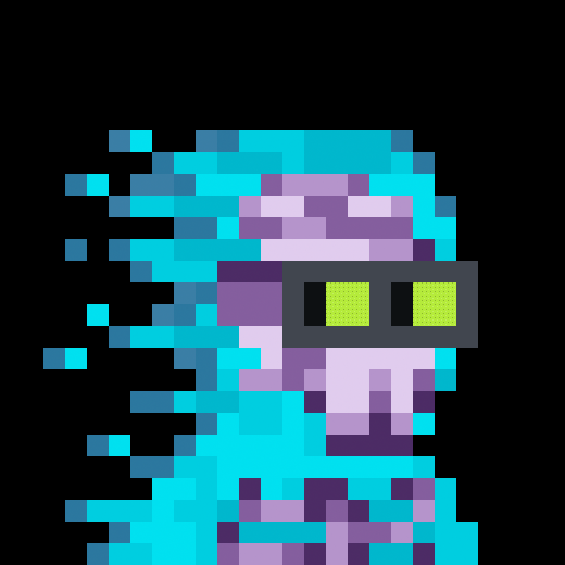 A pixel art illustration of a hooded figure with glowing green visor eyes dissolving into scattered cyan digital fragments on the left side, complementing the "gm" (good morning) post with a cyberpunk, blockchain-inspired aesthetic.