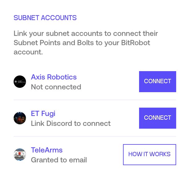 A "SUBNET ACCOUNTS" interface for BitRobot showing options to connect Axis Robotics, ET Fugi (via Discord), and TeleArms (granted to email).