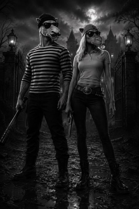 A black-and-white stylized image of a man in a striped shirt and a woman in a polo shirt, both wearing animal masks and sunglasses, holding weapons in front of a gothic castle under a full moon.