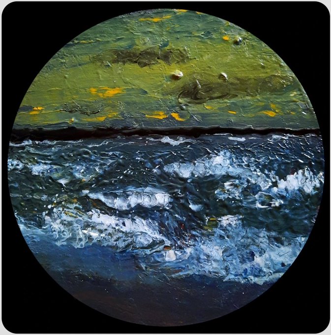 The image shows a circular abstract artwork with thick textured acrylic paint, featuring green and yellow above a dark, stormy blue-and-white horizontal band. It corresponds to the accompanying post for **“The Embrace of the Storm,”** an acrylic-on-wood physical artwork listed as **1/1** at **xrp.cafe/nft/00083A9841…**.