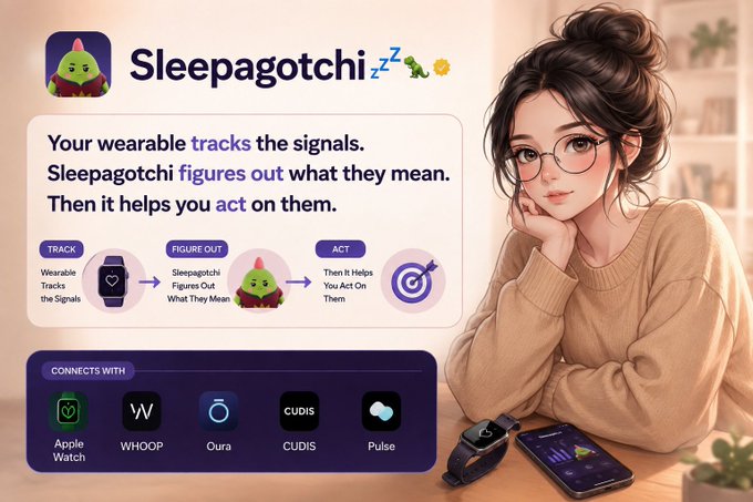 A promotional graphic for "Sleepagotchi" featuring an illustrated woman with glasses resting her chin on her hand next to a smartwatch and smartphone, alongside the tagline "Your wearable tracks the signals. Sleepagotchi figures out what they mean. Then it helps you act on them." The image visually supports the post's message by showcasing how Sleepagotchi integrates with popular wearables like Apple Watch, WHOOP, Oura, CUDIS, and Pulse to transform existing health data into personalized sleep insights.