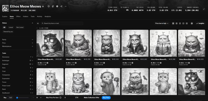 The image shows the OpenSea collection page for "Ethos Meow Meows," an NFT series featuring grayscale illustrations of cats in various poses, with a floor price of 0.011 ETH and 3.82 ETH total volume. This directly relates to the post, as it displays the live OpenSea listing of the free NFT airdrop that Ethos Network distributed to first season participants who chose it as their reward.