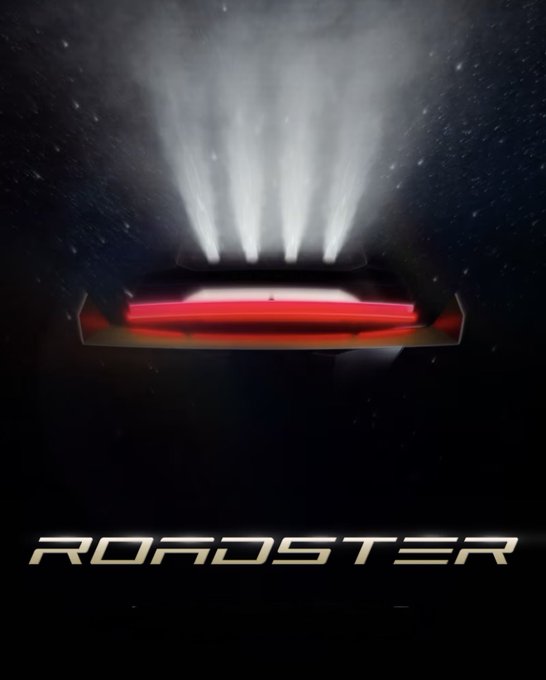 A promotional image for Tesla's 'ROADSTER' showing the rear of the car with its red taillight bar illuminated and white thruster-like exhaust plumes against a dark, starry background.