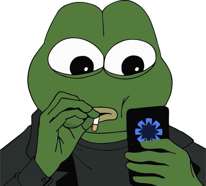 A cartoon illustration of the Pepe the Frog meme holding a lit cigarette in one hand and looking at a smartphone displaying a blue Star of Life symbol in the other.