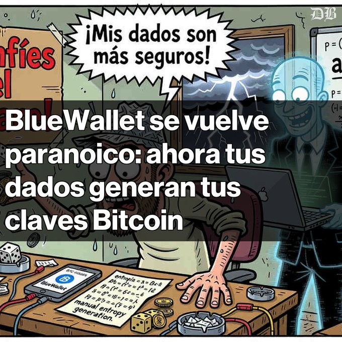 A Spanish-language cartoon illustration with the headline 'BlueWallet se vuelve paranoico: ahora tus datos generan tus claves Bitcoin' depicts a paranoid character with the speech bubble '¡Mis datos son más seguros!'.