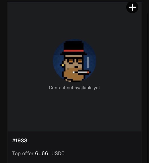 A digital collectible display shows a pixel art avatar of a man in a top hat smoking, labeled '#1938' with 'Content not available yet' and 'Top offer 6.66 USDC'.