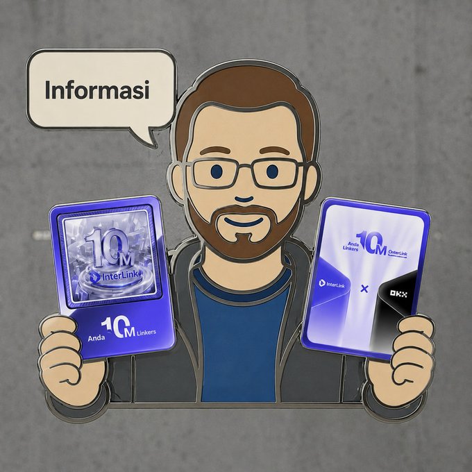 A cartoon character with glasses holds two NFT cards labeled "InterLink 10M" and "OKX 10M Linkers," with a speech bubble reading "Informasi," illustrating an announcement about pending NFT claims awaiting processing in the queue.