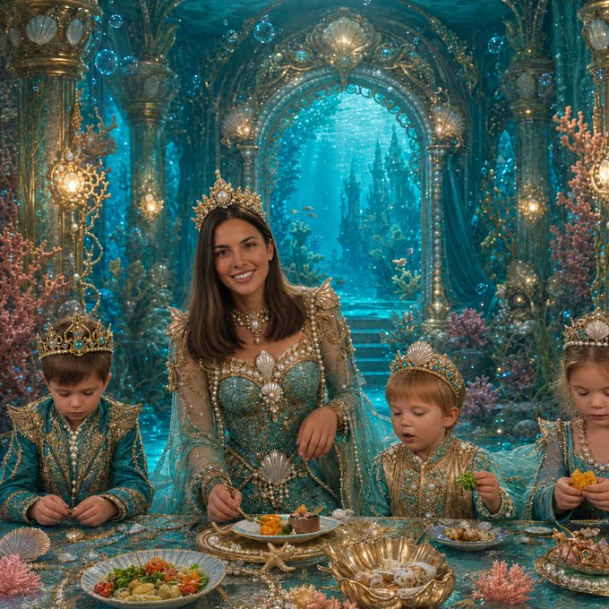 The image features a woman wearing a beautiful, elaborate costume with pearls and jewels, sitting at a table surrounded by children dressed in similar costumes. The table is set with plates of food, including a bowl filled with fruit. A large archway can be seen in the background, adding to the magical atmosphere. The post includes text that reads "“Mum, how did we get so rich?” “Your dad kept stacking $SUI while everyone else was calling it a scam and saying it had no pmf."
