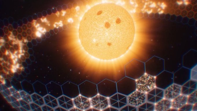 A stylized illustration of a glowing yellow sun with sunspots, surrounded by hexagonal honeycomb-like patterns set against a starry dark space background.