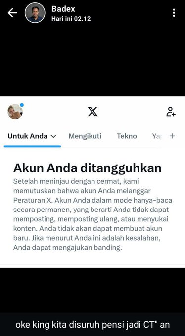 A screenshot of an X (Twitter) account 'Badex' showing a suspension notice in Indonesian stating 'Akun Anda ditangguhkan' (Your account has been suspended).