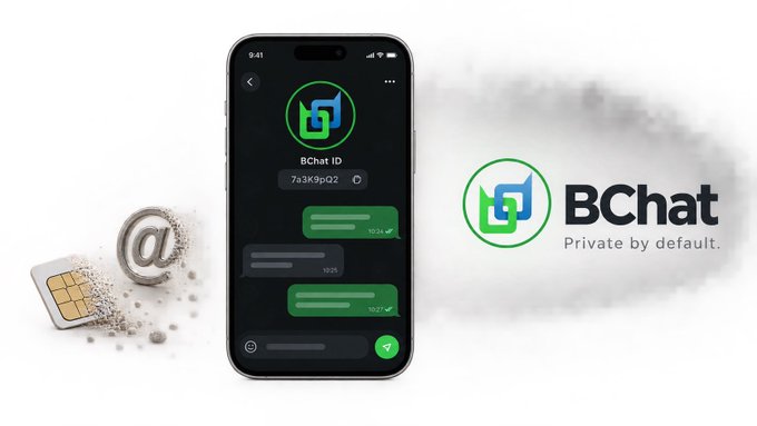 A promotional graphic for "BChat" messaging app featuring the tagline "Private by default," alongside a smartphone showing the app interface and a dissolving SIM card.