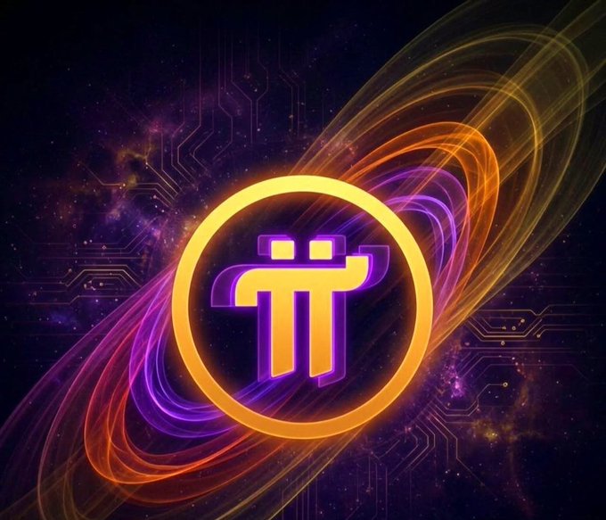 The image features the Pi Network logo—a stylized π symbol inside a glowing orange circle—set against a cosmic, nebula-like background with swirling purple and orange light trails and subtle circuit board patterns, visually reinforcing the post's theme of belief in Pi ($PI) with a futuristic, tech-inspired aesthetic.