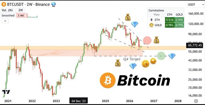 A Bitcoin (BTCUSDT) 2-week chart on Binance showing price currently at 65,772.45, with a descending wedge pattern, a highlighted retest zone around $68k, and a "Q4 Target" marker near $43,000, illustrating the analyst's prediction of a final liquidity sweep before a long-term bullish reversal.