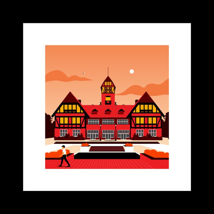 A flat-style digital illustration depicts a large red Tudor-style building with yellow-lit windows at sunset, with a small figure walking across the foreground.