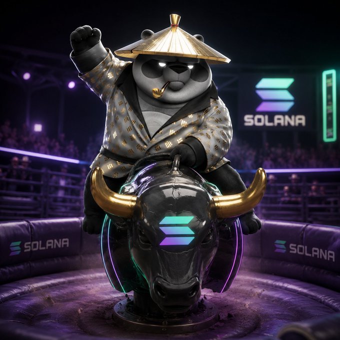 A determined panda in a traditional hat and robe rides a bull with the Solana logo, embodying the post's message of overcoming challenges to reach rewards. The image directly relates, as the bull likely represents the volatile crypto market or a difficult challenge, and the panda's resilience mirrors the post's theme.