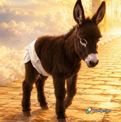 A baby donkey wearing a diaper stands on a golden brick road beneath clouds, with the "pump.fun" logo visible in the corner. The whimsical scene ties directly to the $HeeHaw Solana meme coin, which the post references as having generated $12.5 million in trading volume based on a story about a donkey.