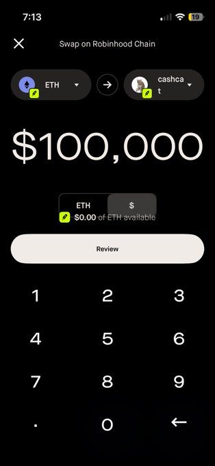 A Robinhood Chain swap interface shows the ability to trade $100,000 worth of ETH for "cashcat" token, illustrating the post's point that meme coins like Cashcat can now be purchased directly through the Robinhood wallet platform.