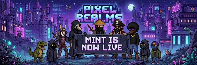 A pixel art banner promoting "Pixel Realms" NFT mint launch, featuring a cast of characters including a samurai, grim reaper, T-Rex, pirate, and ninjas against a purple nighttime cityscape, with the prominent text "MINT IS NOW LIVE" and "Collection holders and allowlist" phases aligned with the announcement.