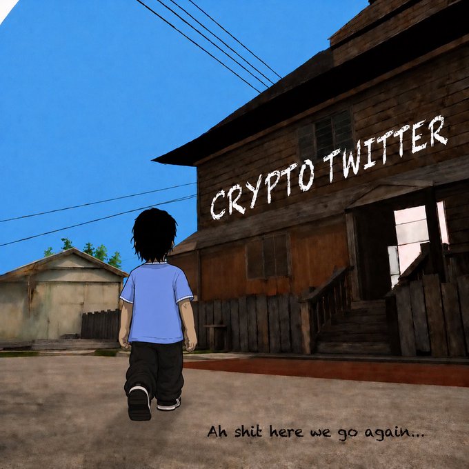 An anime-style illustration of a character in a blue shirt approaching a house labeled 'CRYPTO TWITTER' with the caption 'Ah shit here we go again...' parodying the classic GTA San Andreas loading screen.
