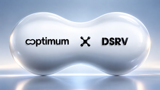 A glossy white peanut-shaped display showing two logos side by side: "Optimum" (with an infinity-like symbol) and "DSRV" (with an X-shaped icon), suggesting a partnership between the two companies.