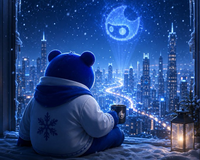 A blue bear in a winter hoodie sits on a snowy rooftop holding a steaming mug, gazing out over a glowing cityscape where a stream of light representing liquidity flows through the buildings toward a crescent moon bearing a bear-like face — visually mirroring the post's message of $SNOW planting roots where liquidity is already moving through Robinhood Chain.