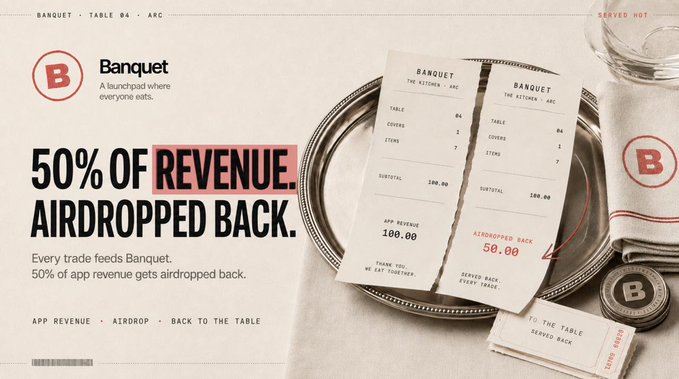 A promotional graphic for Banquet — described as "A launchpad where everyone eats" — boldly states "50% of revenue airdropped back" and "Every trade feeds Banquet. 50% of app revenue gets airdropped back." The design features restaurant-style receipts on a silver tray, displaying a $100.00 subtotal with a $50.00 airdropped-back credit, visually reinforcing the post's message that half of platform revenue is returned to active users.