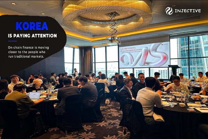 Marketing image for Injective featuring a conference/event photo with text 'KOREA IS PAYING ATTENTION' and 'On-chain finance is moving closer to the people who run traditional markets.'